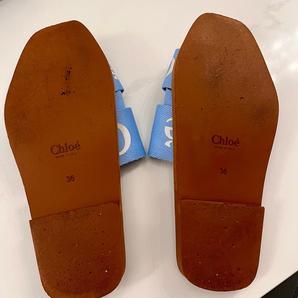 Chloe Light Blue Canvas/Brown Leather Woody Slide Sandals - Picture 7 of 8